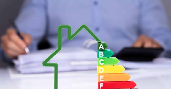 Personne auditant avec schéma d'efficacité énergétique.